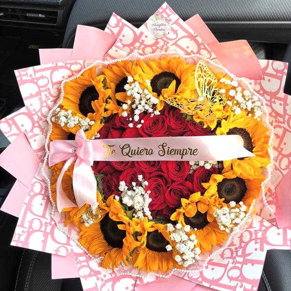 Ramo de 11 Girasoles + 10 Rosas rojas + Mariposa 3D